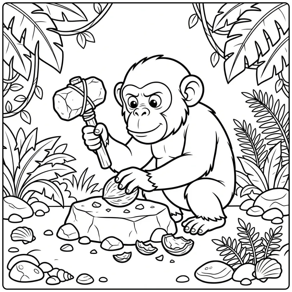 Chimpanzee coloring page cracking a nut with a stone