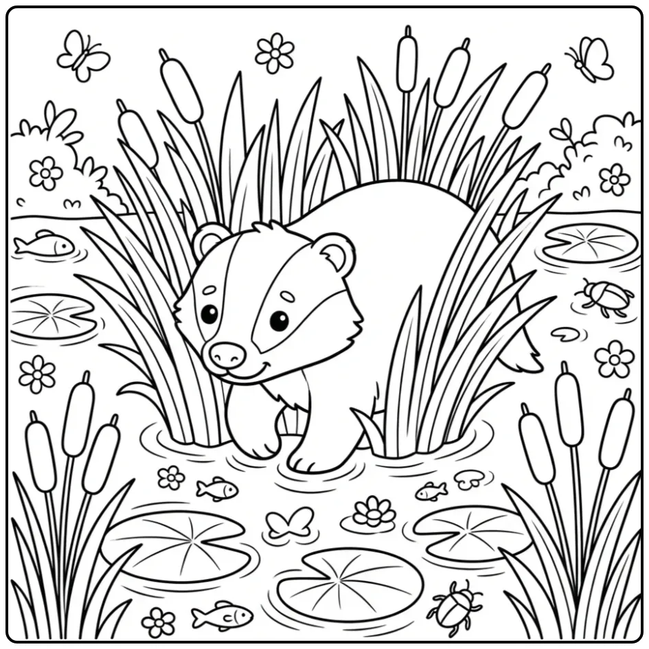 Badger coloring page among reeds by a pond