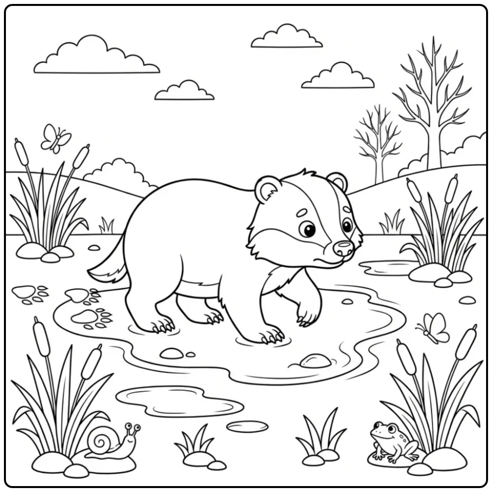 Badger coloring page crossing a muddy puddle