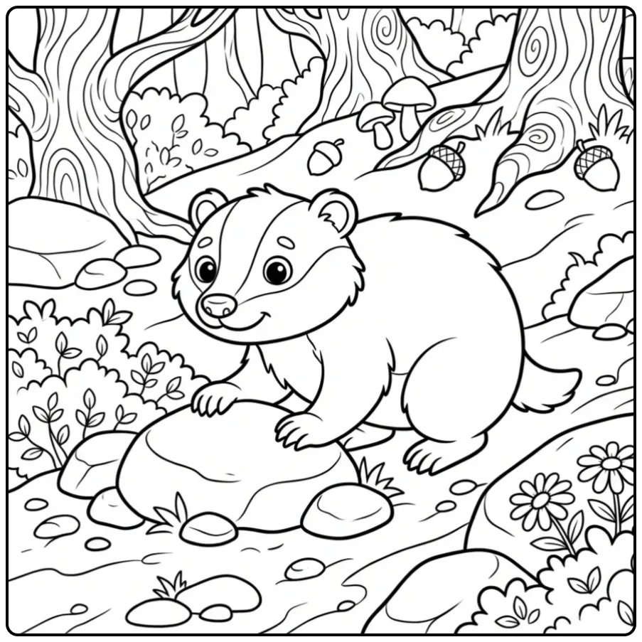Cheerful badger coloring page among stones and flowers