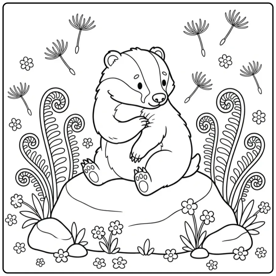 Badger coloring page washing on a stone among ferns