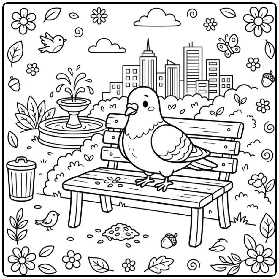 Fun Dove with Seeds and a Fountain coloring page