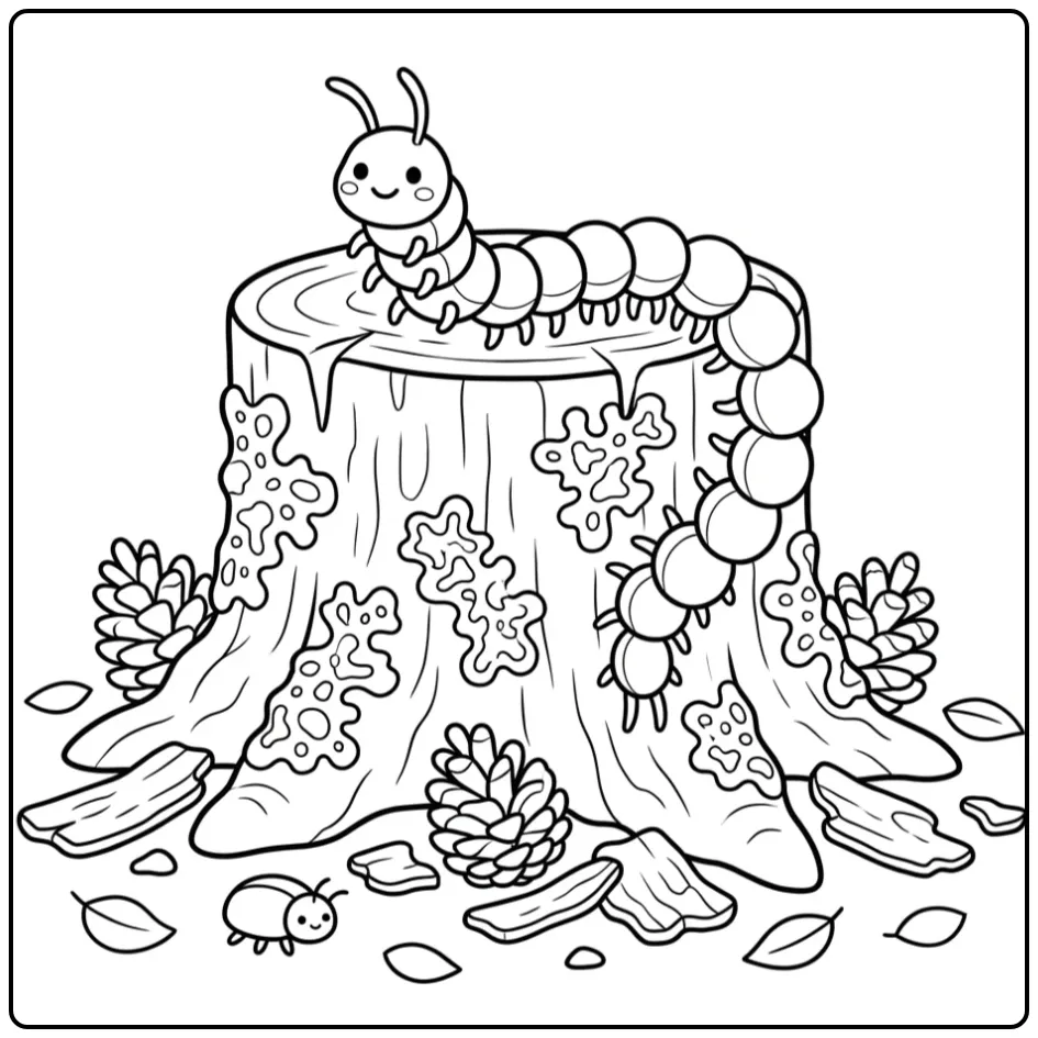 Centipede coloring page climbing a tree stump