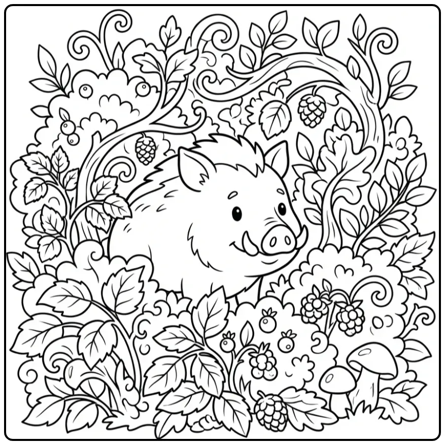 Fun Wild Boar Among the Bushes coloring page