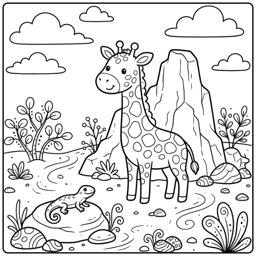 Fun Giraffe with Rocks and a Little Lizard coloring page