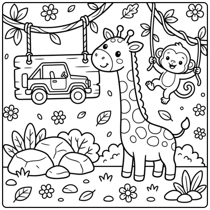 Fun Giraffe with Monkey on Safari Adventure coloring page