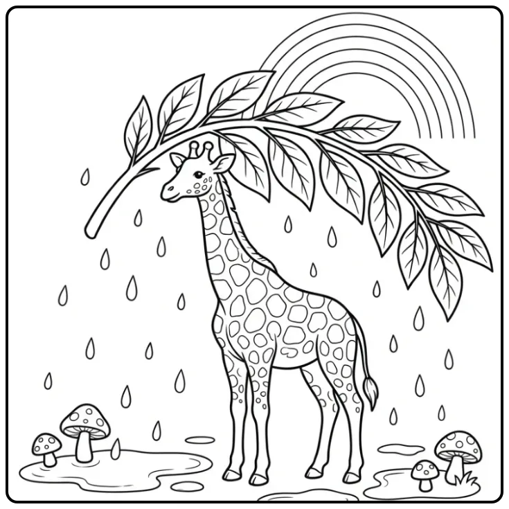 Fun Giraffe with Umbrella and Rainbow coloring page