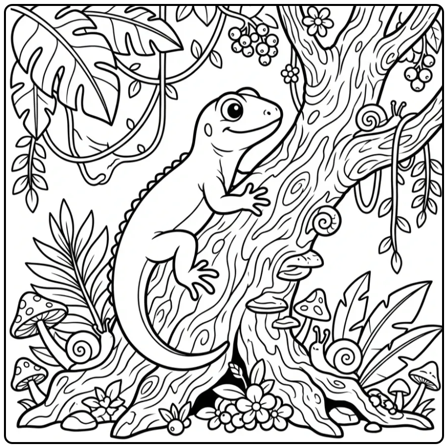 Lizard coloring page on a tree trunk in the jungle