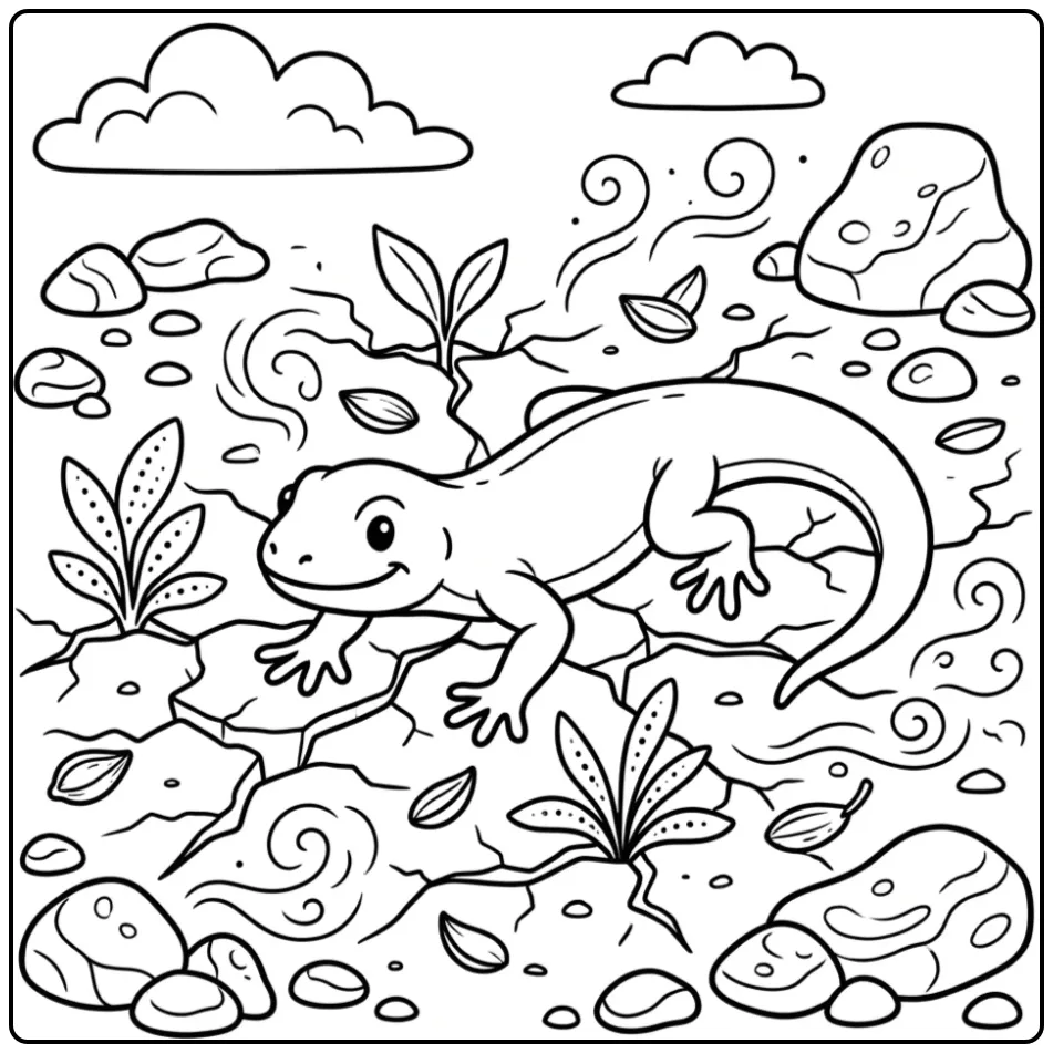 Lizard coloring page crawling over cracked ground