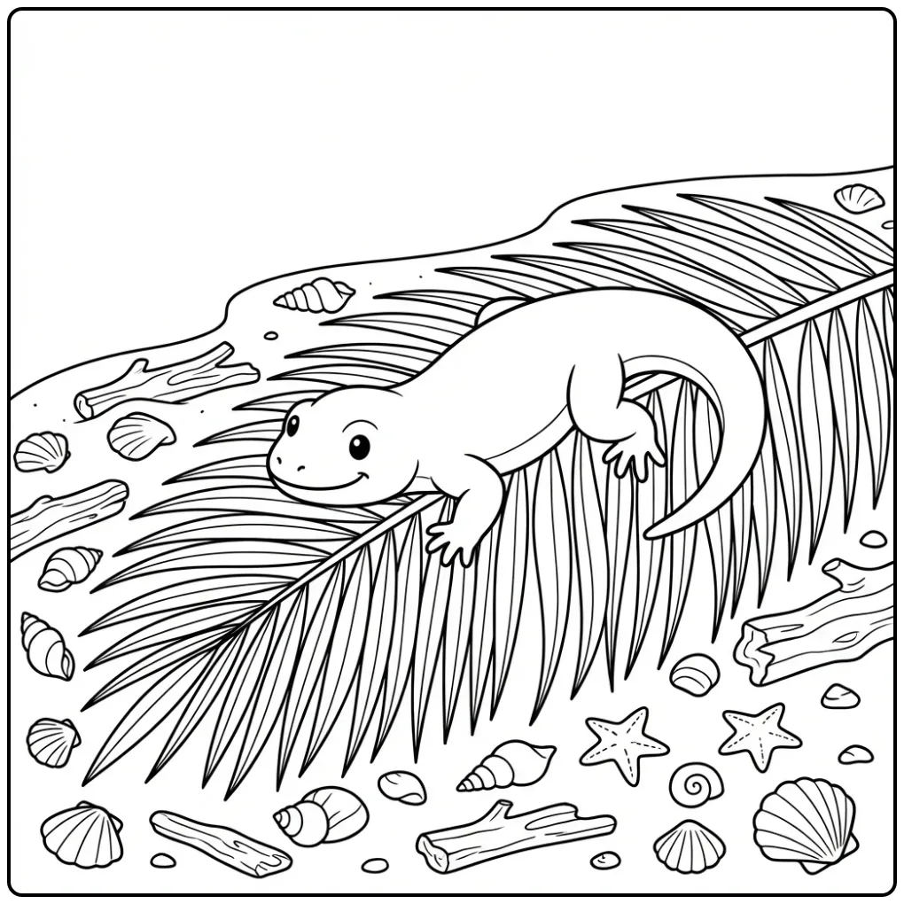 Lizard coloring page on a palm leaf by the shore