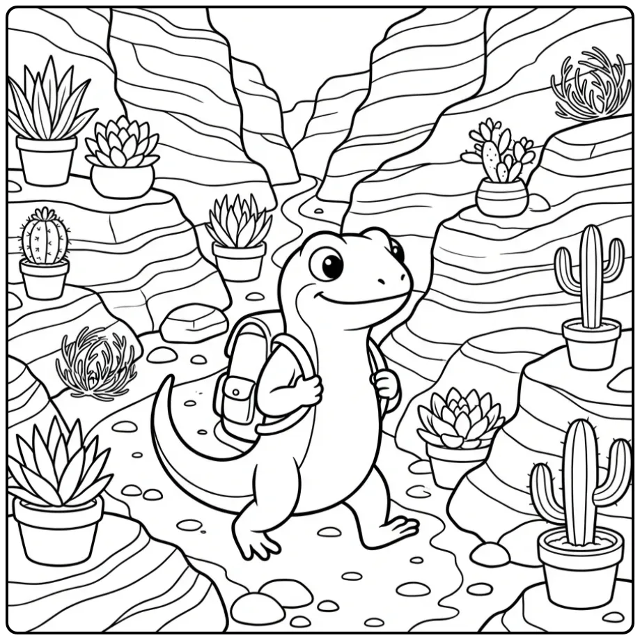 Lizard coloring page on a path in a stone canyon