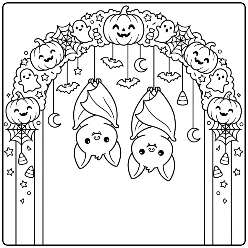 Fun Halloween Bat with Ghosts and Stars coloring page
