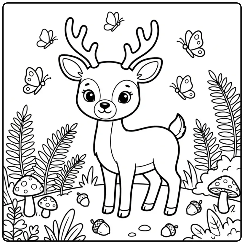 Fun Fawn Among Ferns and Mushrooms coloring page