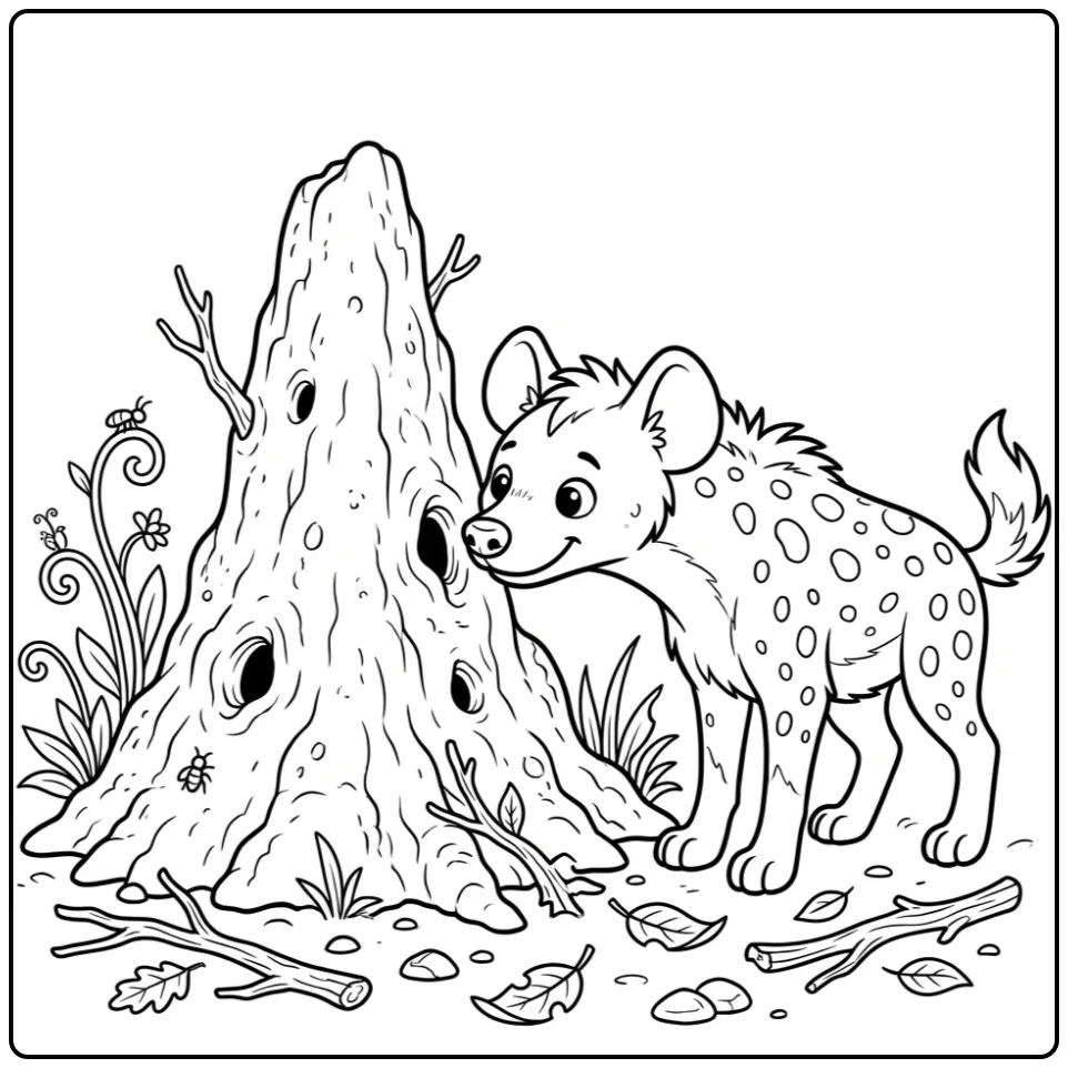 Hyena coloring page featuring a hyena beside a termite mound