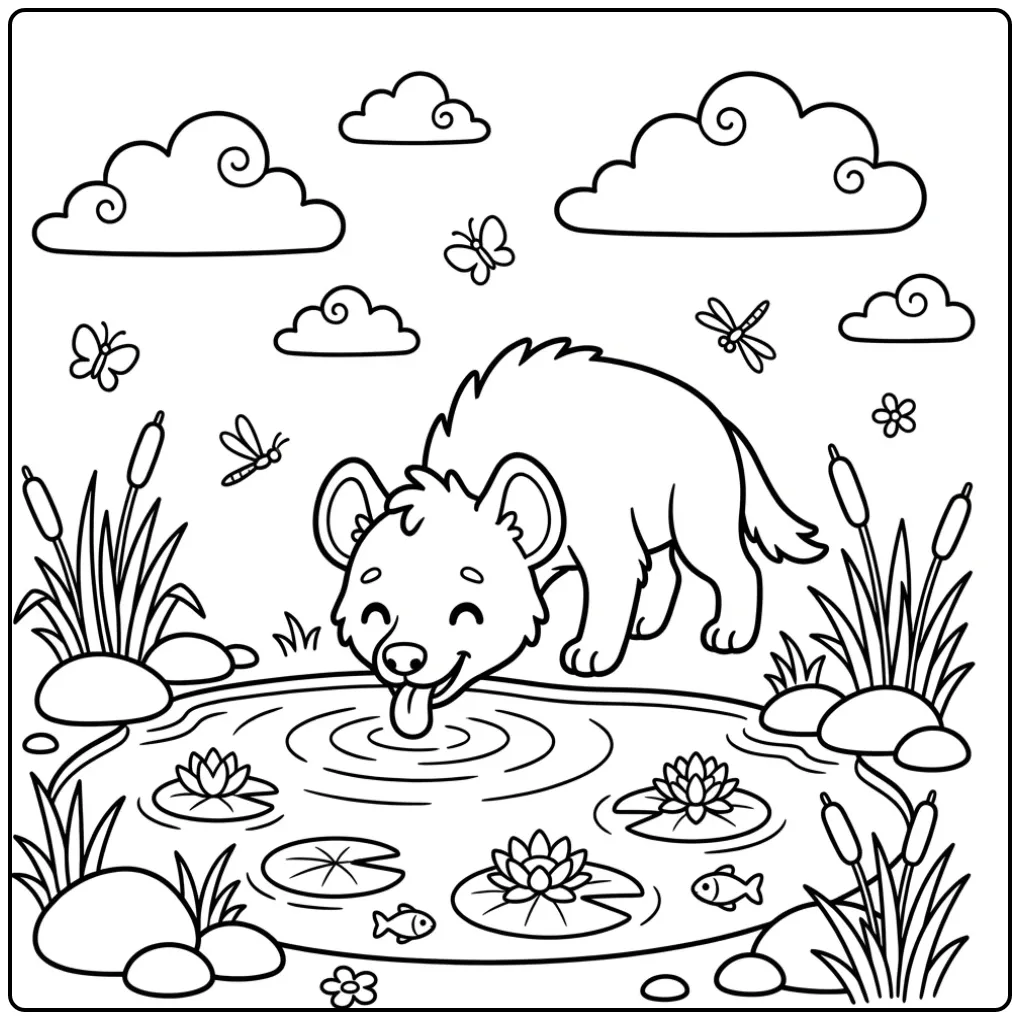 Hyena coloring page showing a hyena at the waterhole