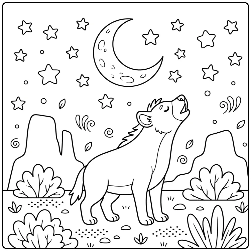 Hyena coloring page featuring a hyena howling at the moon