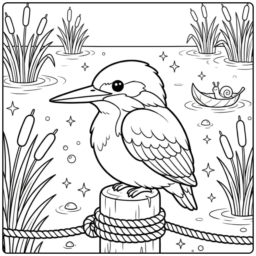 Fun Kingfisher Sitting on a Pier Post coloring page