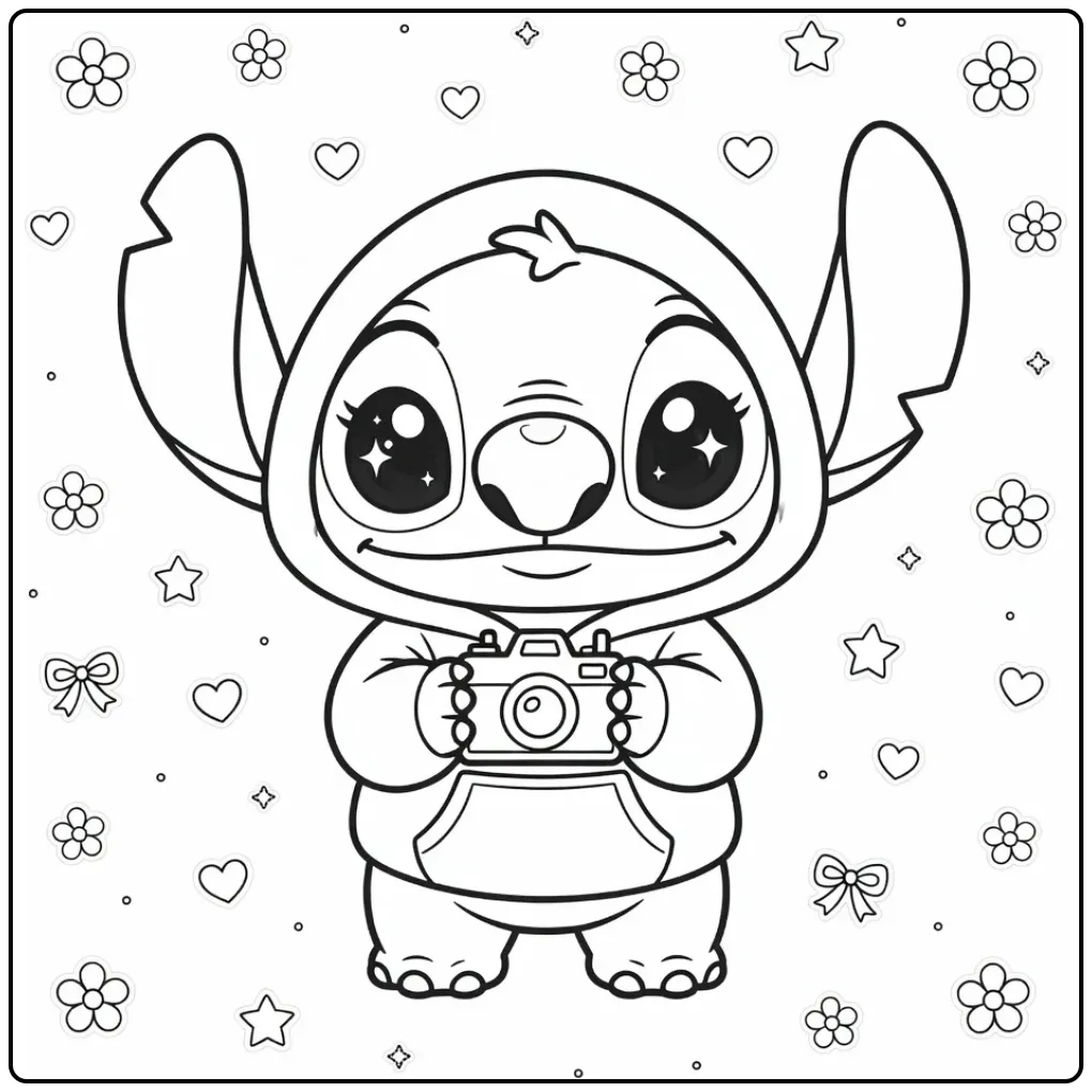 Fun Kawaii Stitch in Hoodie with Camera coloring page