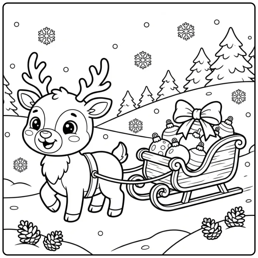 Fun Christmas Deer with Sleigh and Ornaments coloring page
