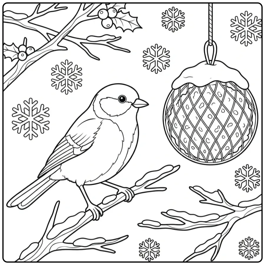 Fun Great Tit with Snow and Fat Ball coloring page