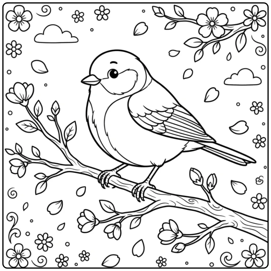 Fun Great Tit Among Leaves and Flowers coloring page