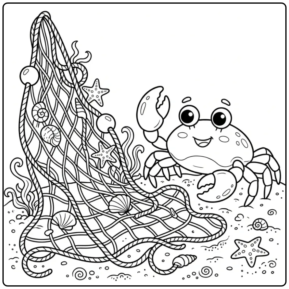 Fun Crab with a Fishing Net on the Beach coloring page