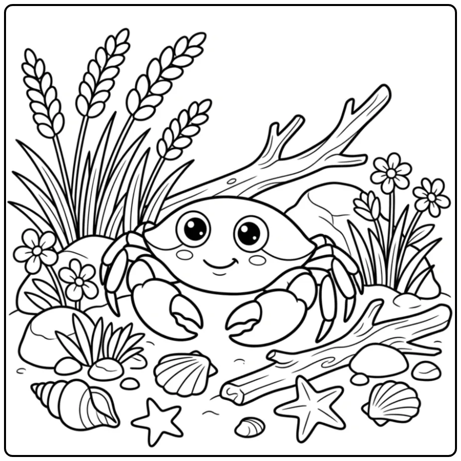 Fun Crab in a Garden of Shells and Sand coloring page