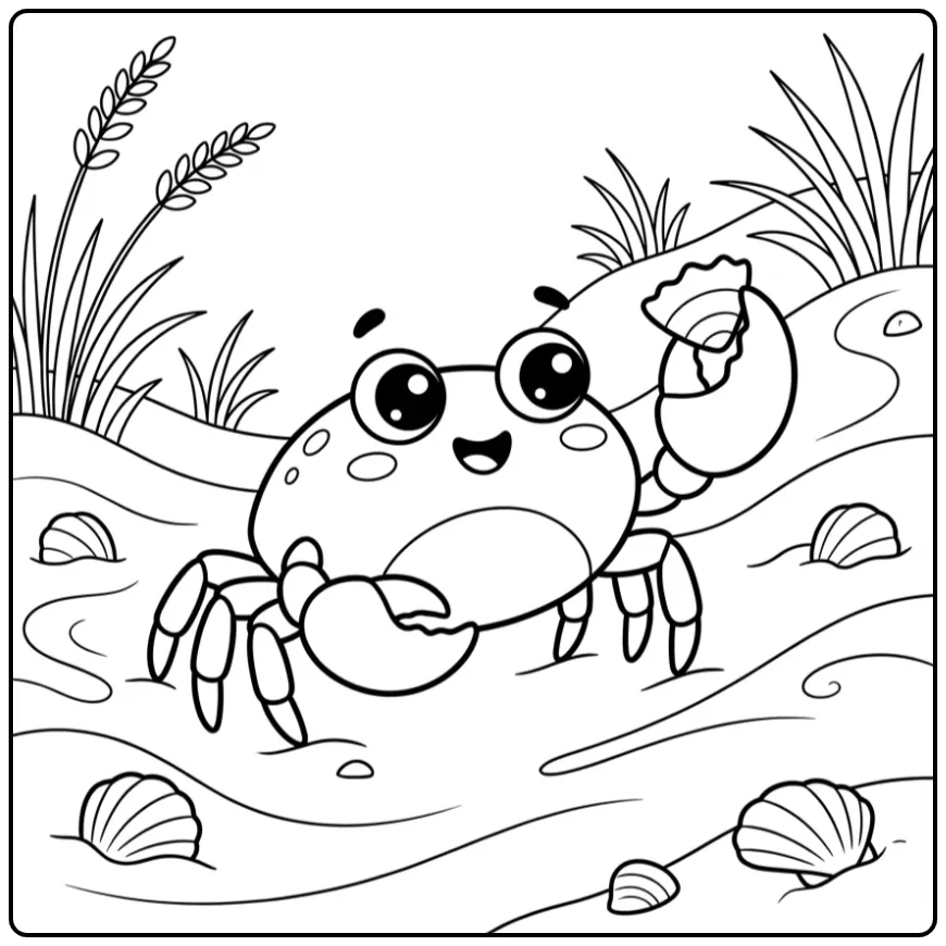 Fun Crab on the Beach with Shells coloring page