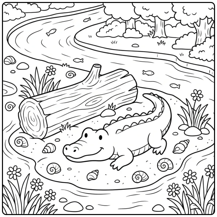 Crocodile coloring page showing a crocodile on a river island