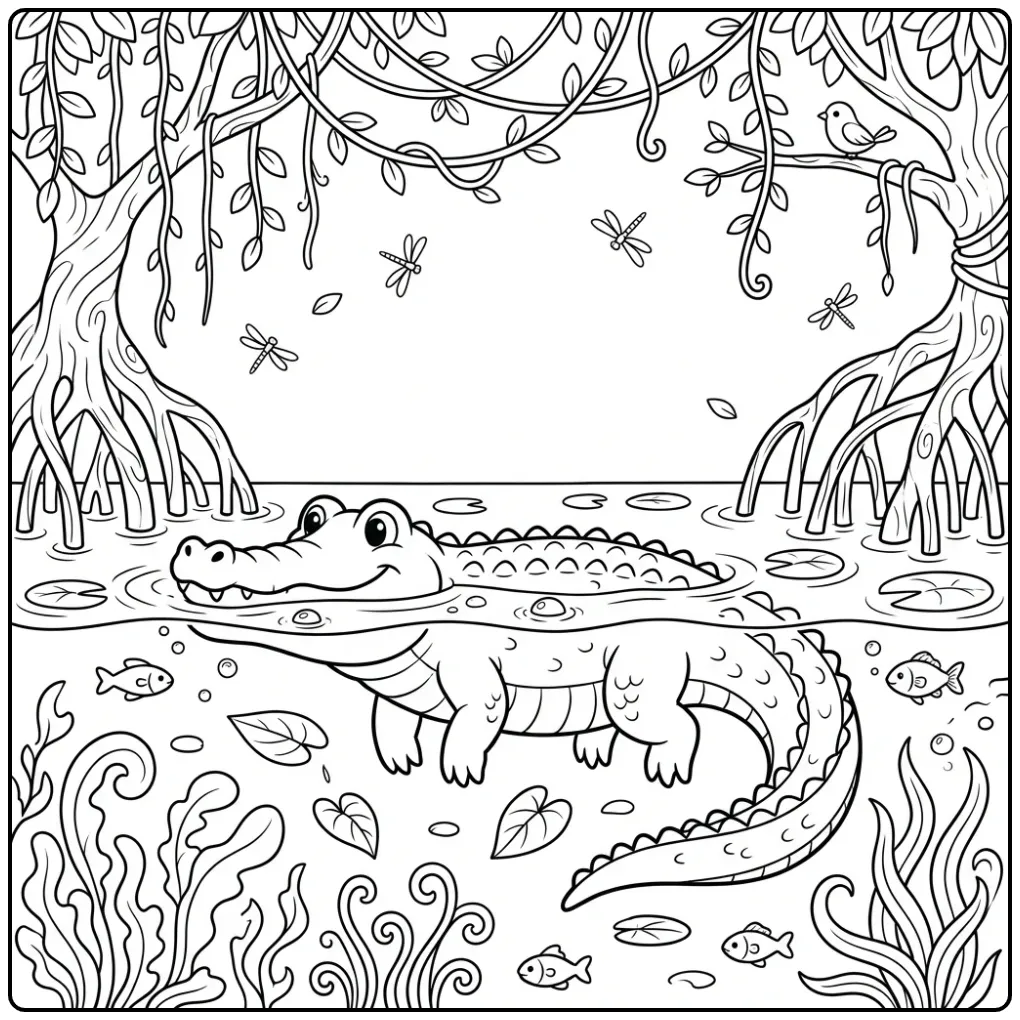 Crocodile coloring page showing a crocodile swimming in a marsh