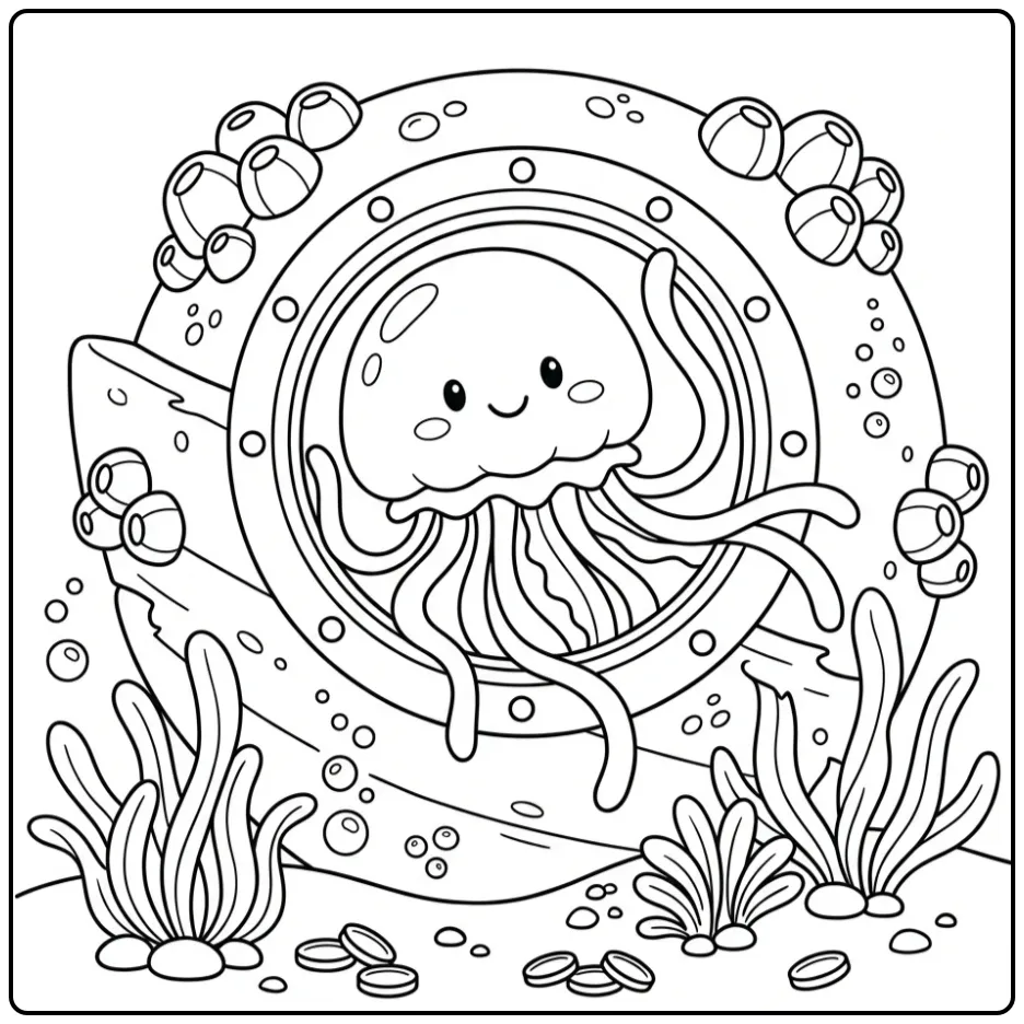 Cute jellyfish coloring page by a ship window