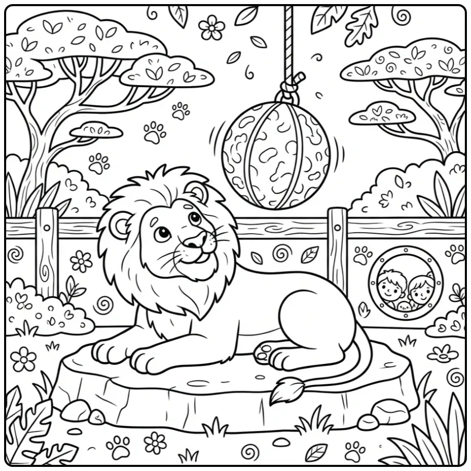 Playful lion coloring page resting by a play ball
