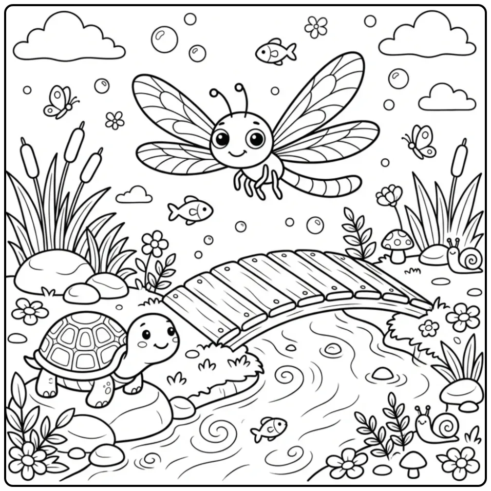Dragonfly coloring page by a little bridge and turtle