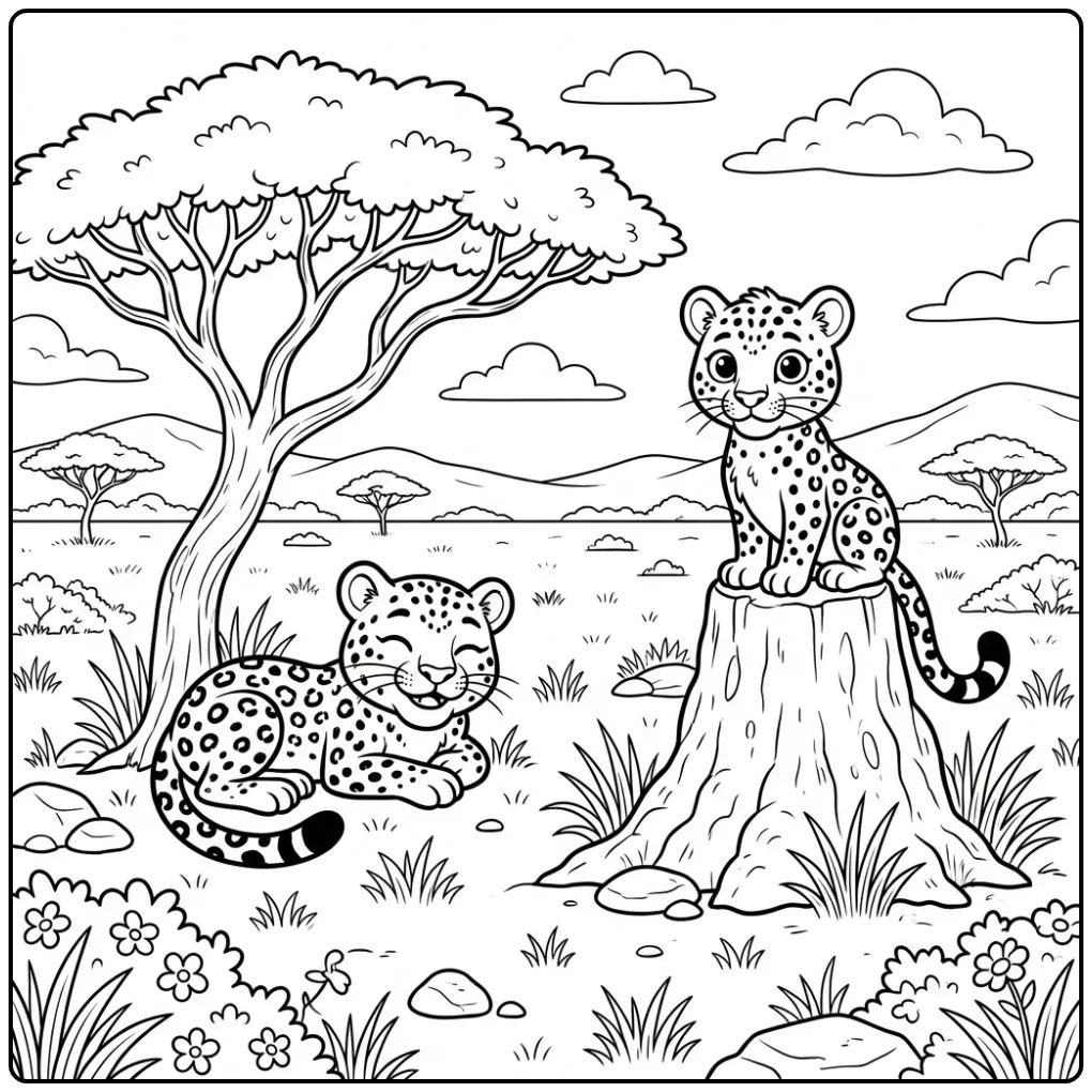 Leopard coloring page with two friends on the savanna