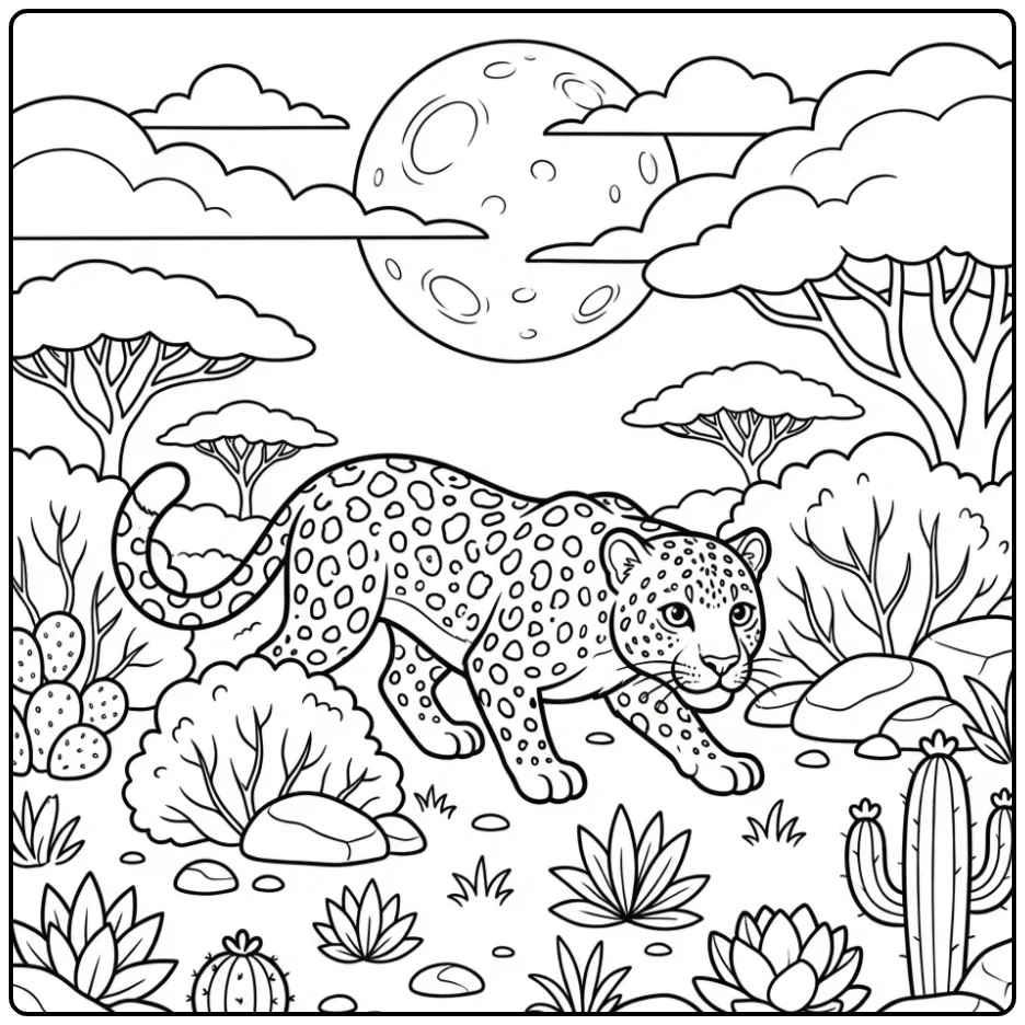 Fun Leopard with Moon and Bushes coloring page