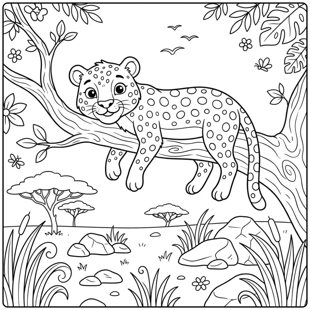 Fun Leopard on the Savanna coloring page