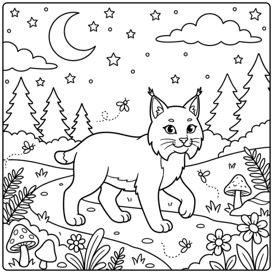 Lynx coloring page walking under the moon and stars in the forest