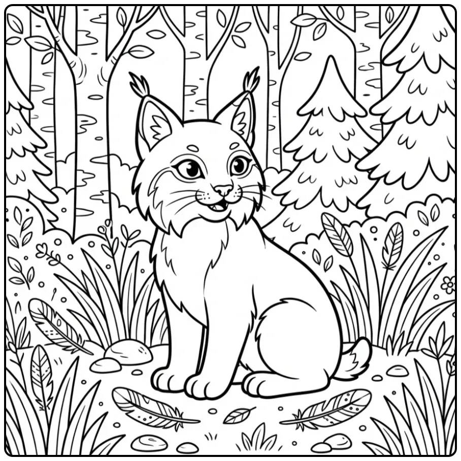 Lynx coloring page sitting among trees and grass