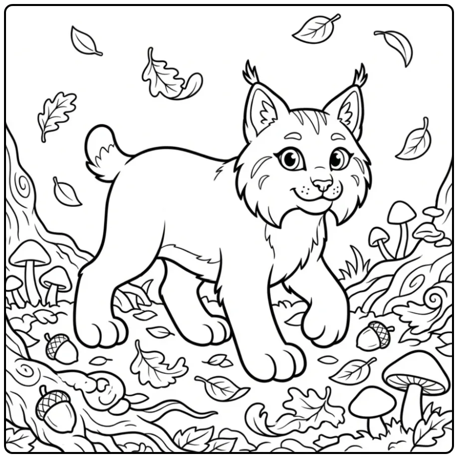 Lynx coloring page walking in an autumn forest