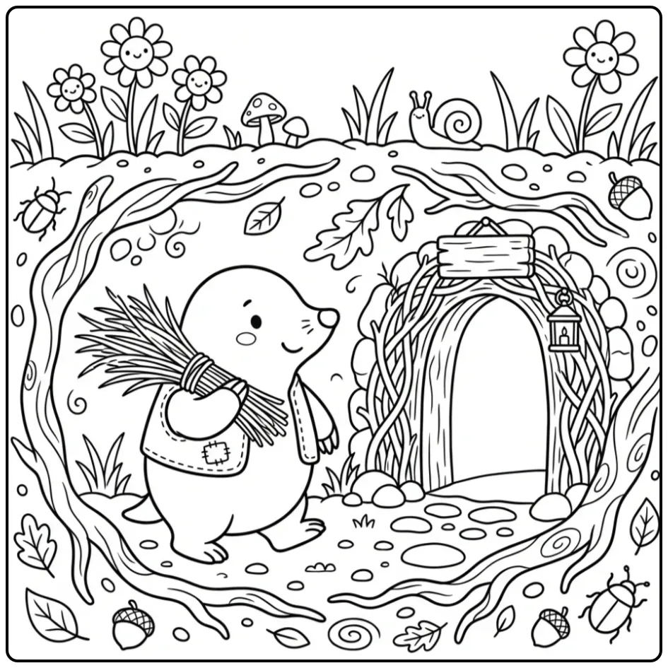 Cute mole coloring page carrying grass to its burrow