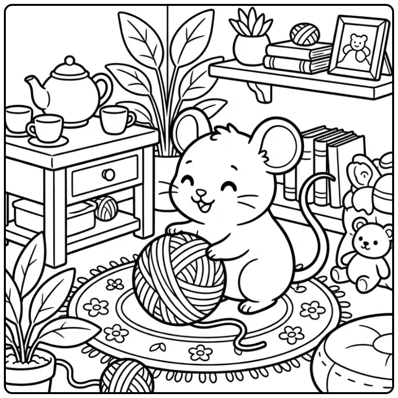 Fun Mouse with Yarn in a Cozy Living Room coloring page