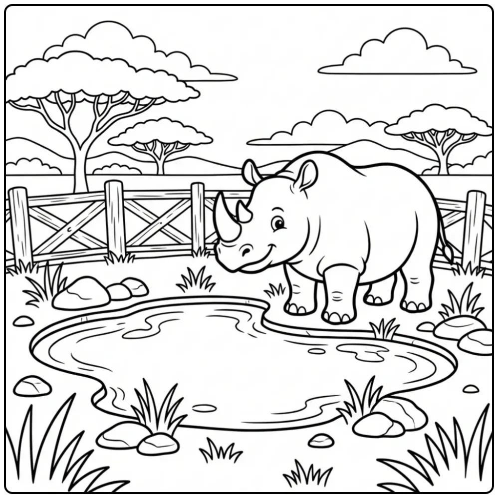 Rhino coloring page showing a rhino near a waterhole