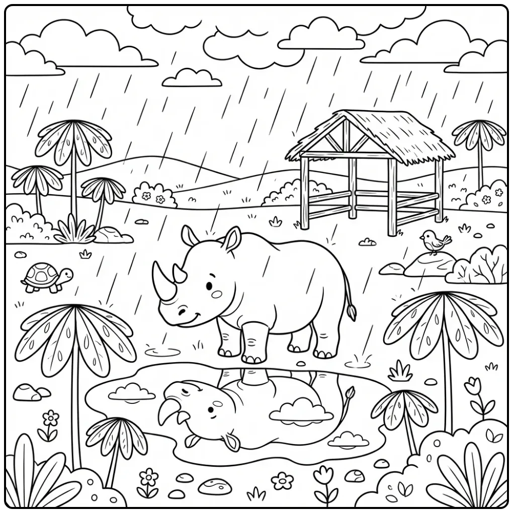 Rhino coloring page showing a rhino in the rain
