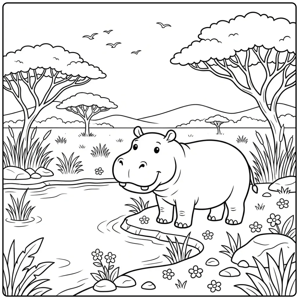 Hippo coloring page featuring a hippo on the riverbank