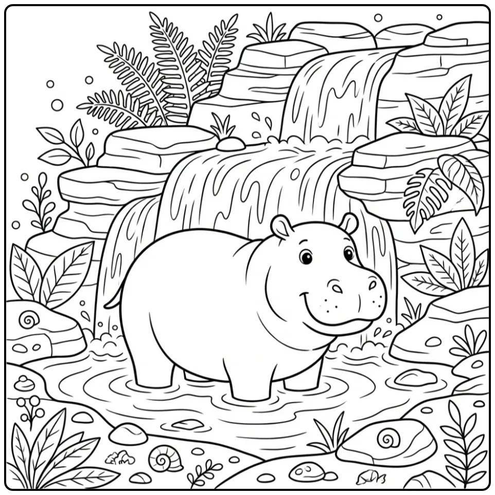 Hippo coloring page showing a hippo by a waterfall