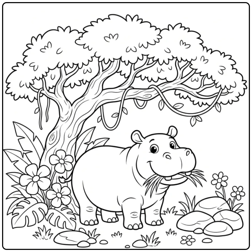 Hippo coloring page showing a hippo under a tree