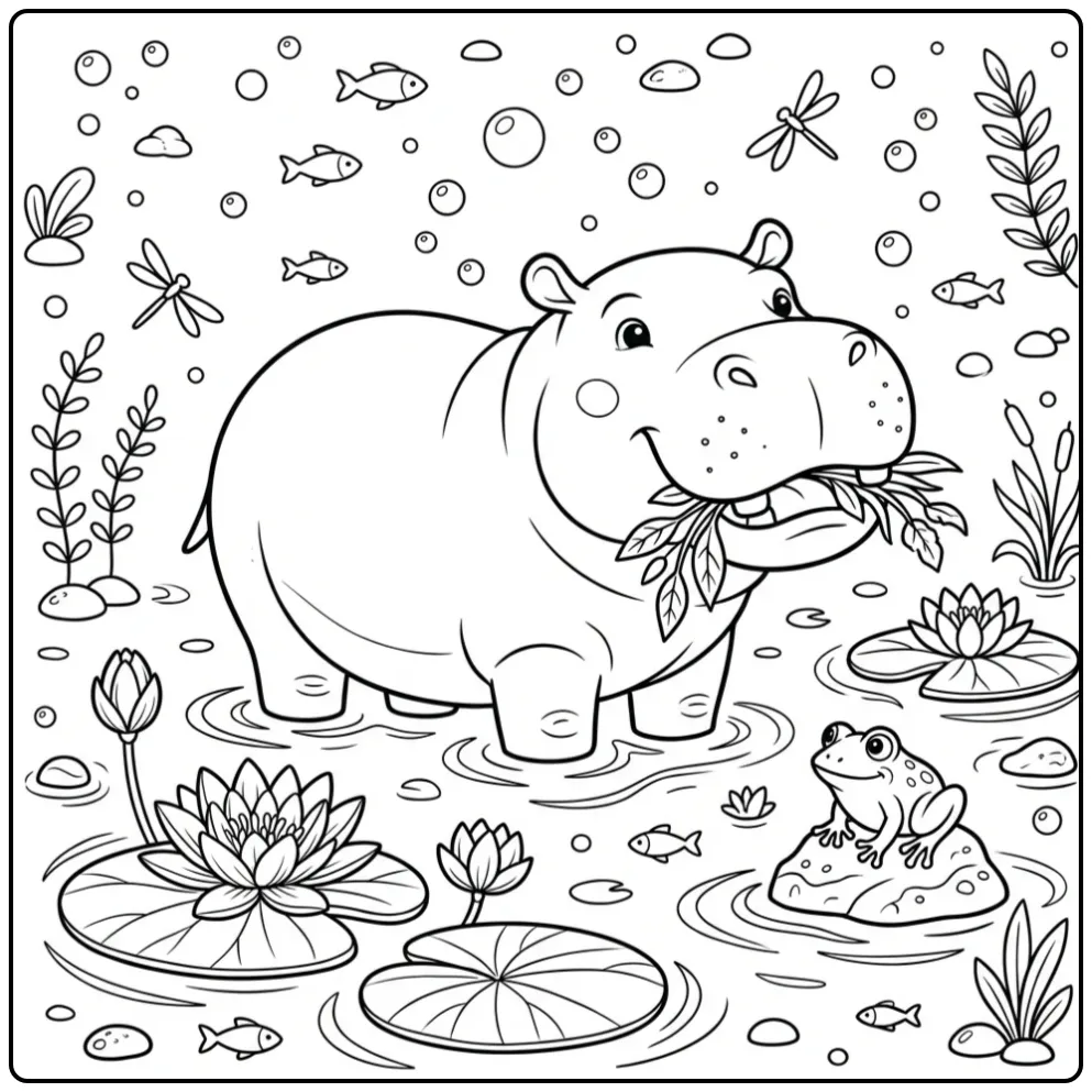 Hippo coloring page showing a hippo with a frog