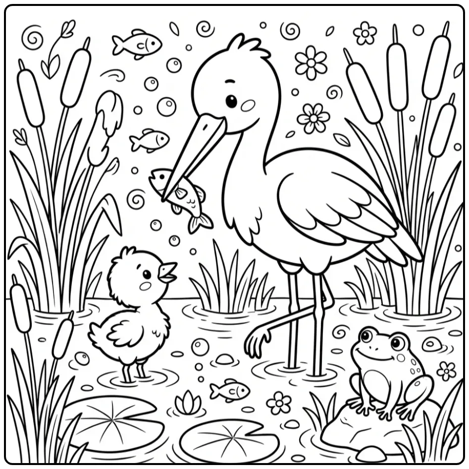 Fun Stork with Baby in the Reeds coloring page