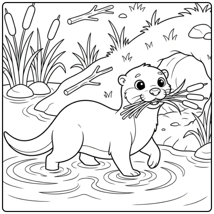 Otter coloring page showing an otter carrying reeds
