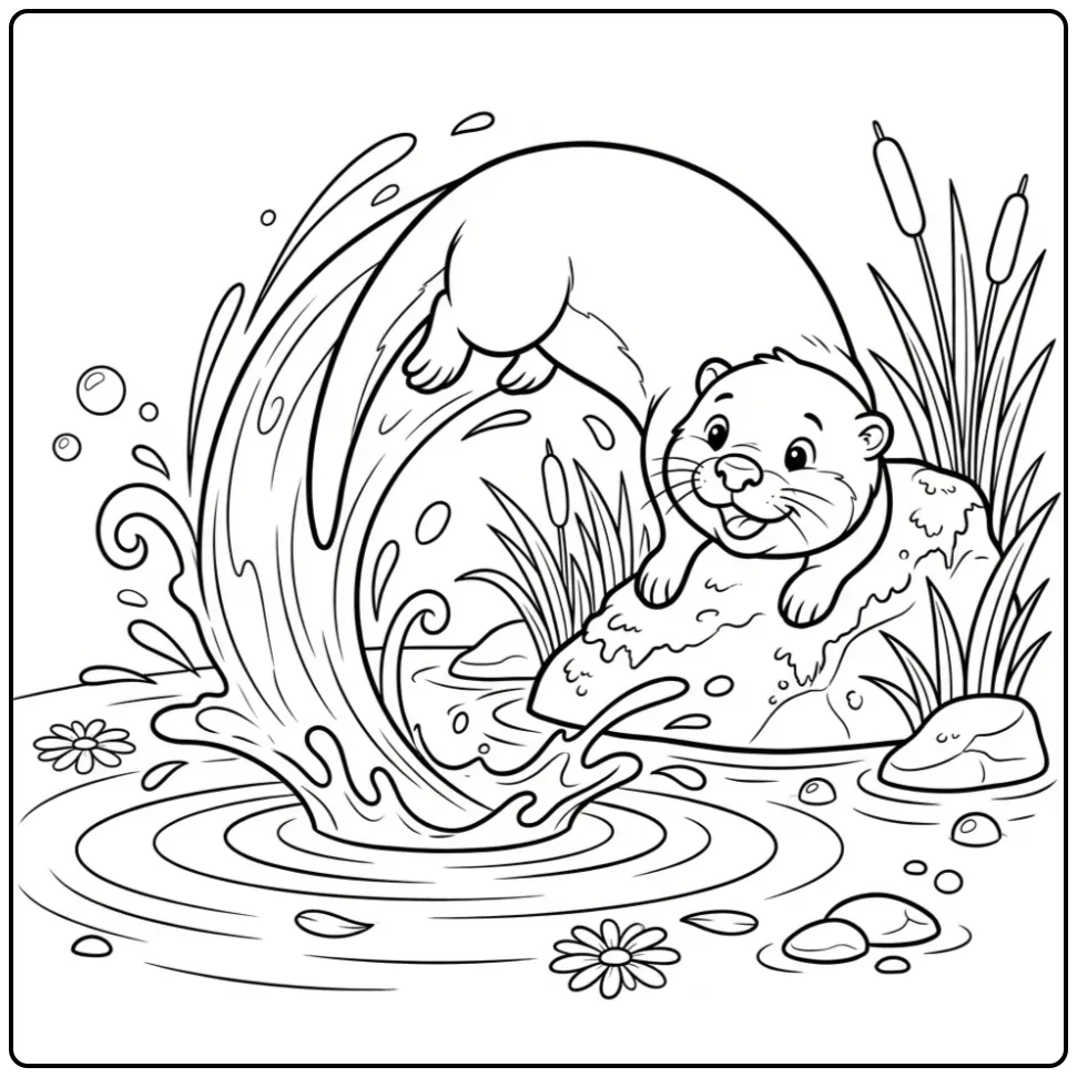 Otter coloring page featuring an otter diving from a rock